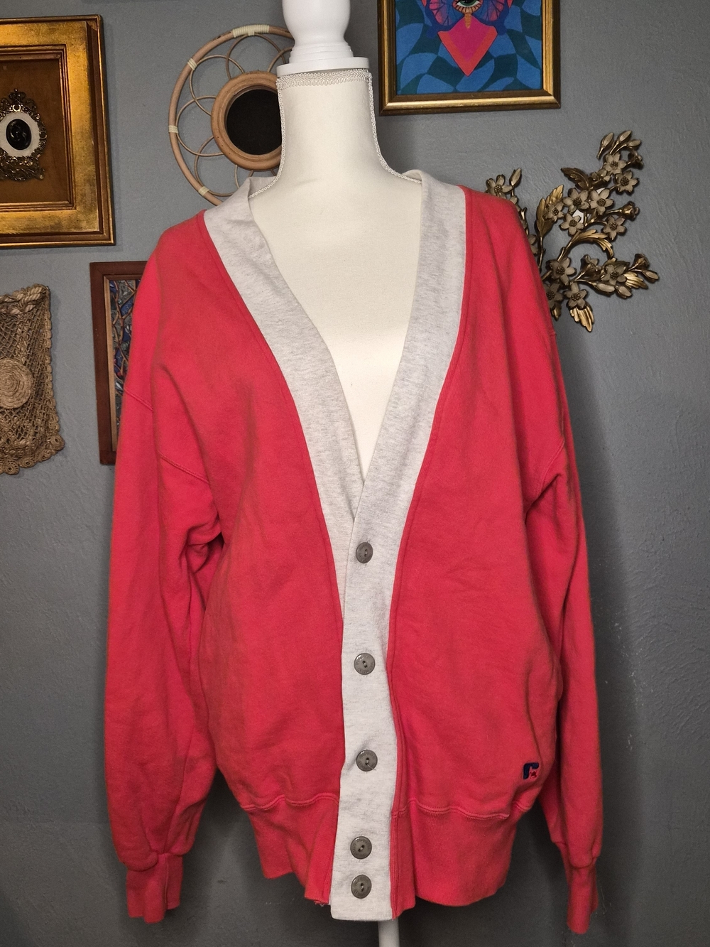 Russell Athletic Red Cardigan with Light Gray Trim